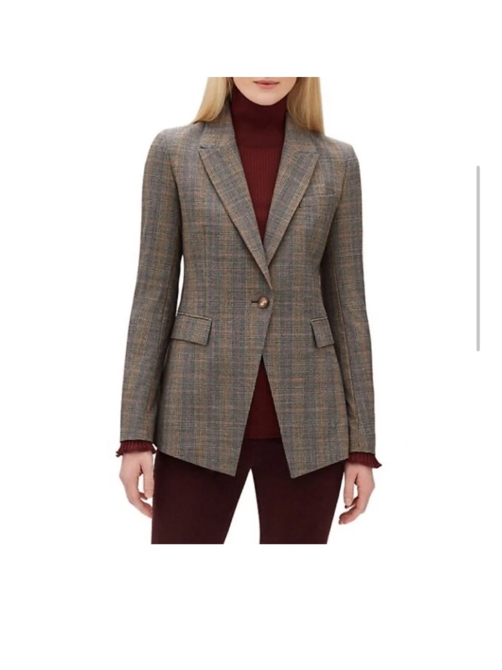 Lafayette 148 Heather One Button Glen Plaid Wool Equestrian Blazer Jacket 12